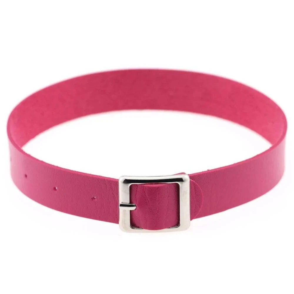 Pink belt collar choker necklace with buckle design.