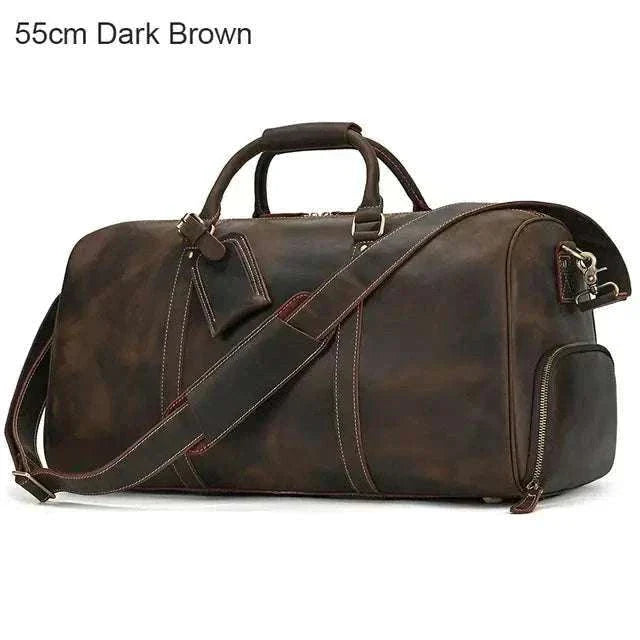 55cm dark brown genuine leather travel bag with adjustable strap and handles.