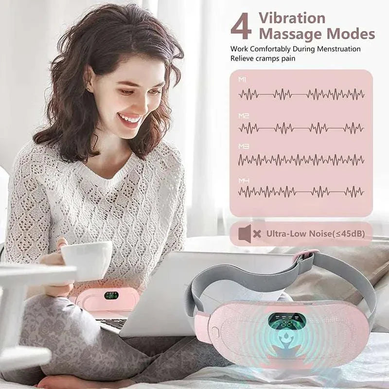 Menstrual Heating Waist Belt Relief for cramps and pain, featuring adjustable strap, rapid heating, and vibration massage.