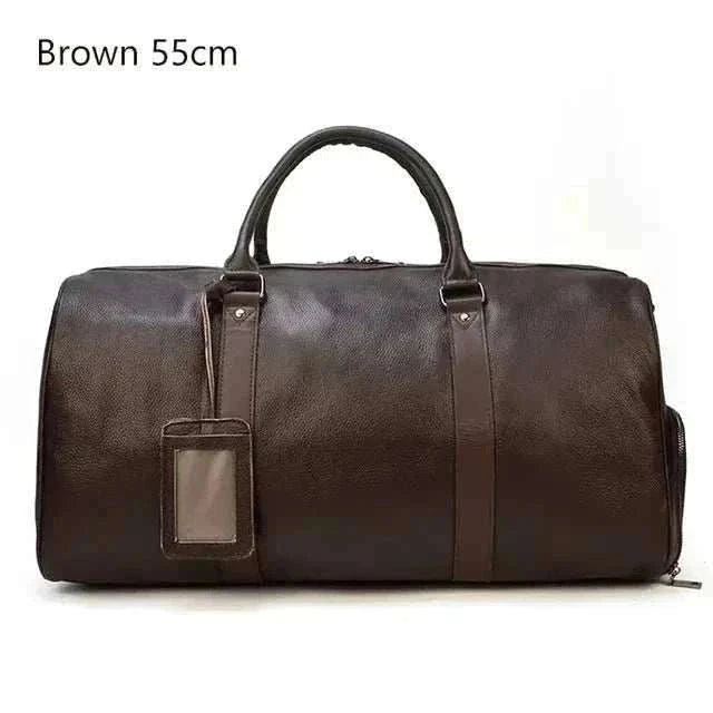 Brown genuine leather travel bag with ergonomic design and spacious interior, 55cm.