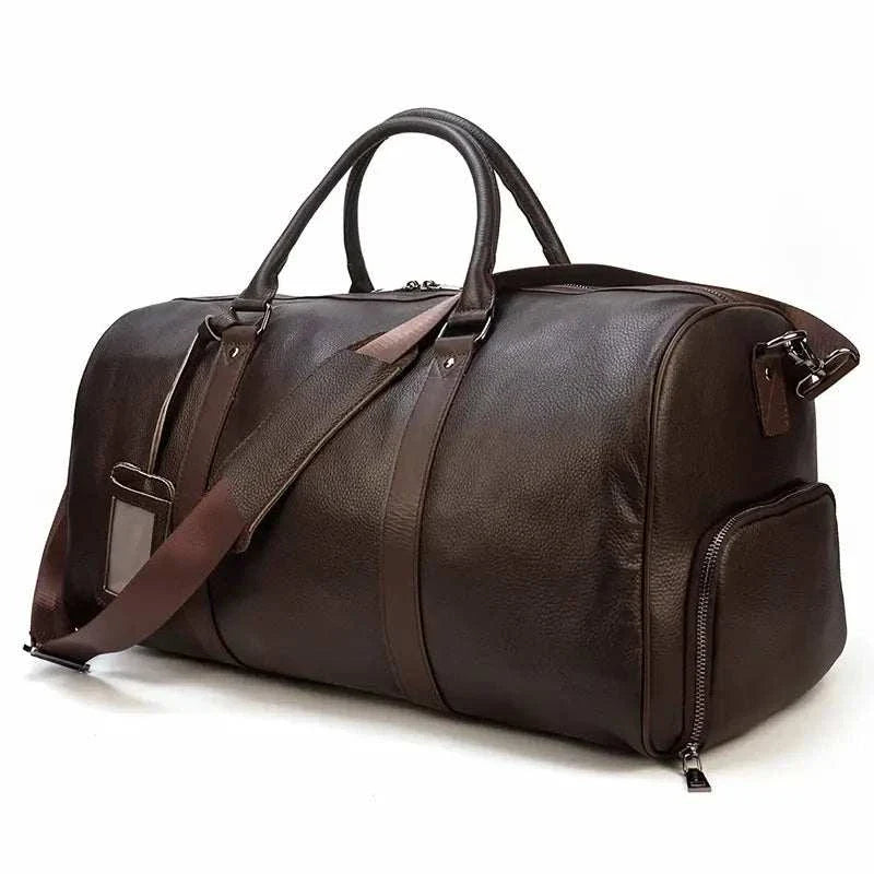 Genuine leather travel bag with a luxurious finish, spacious interior, and ergonomic design.