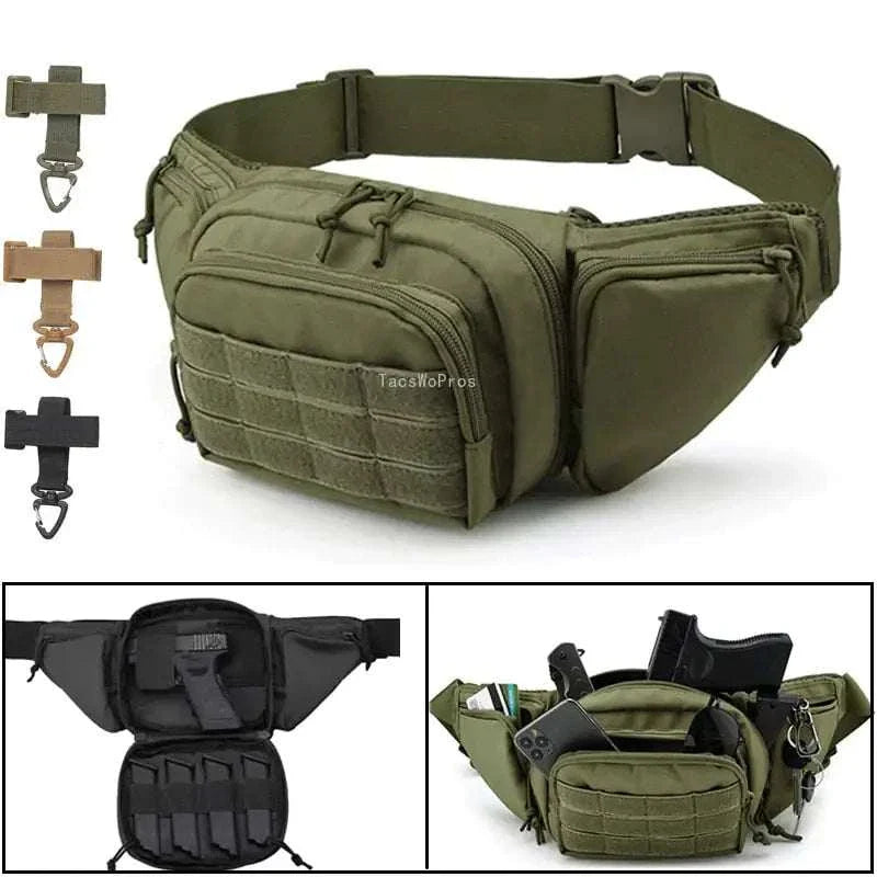 Tactical gun waist bag holster with multiple compartments and adjustable fit for easy firearm access and storage.