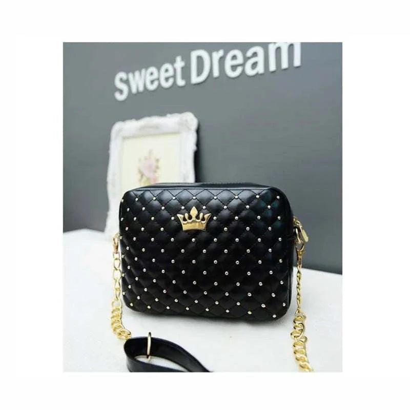 Black Rivet Chain Crown Bag with gold chain strap and crown detail, featuring rivet design for edgy elegance.