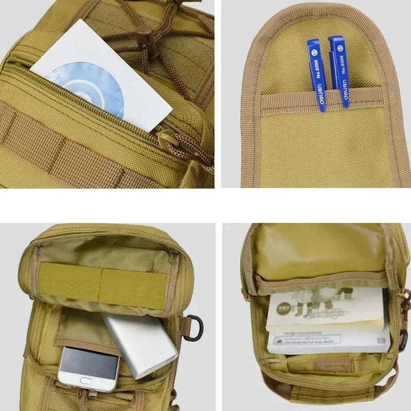 Military tactical shoulder bag with multiple compartments for organized storage, featuring durable military-grade nylon fabric and adjustable sling strap.