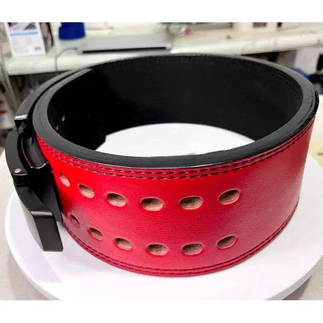 Red leather support training belt for weightlifting and strength training.