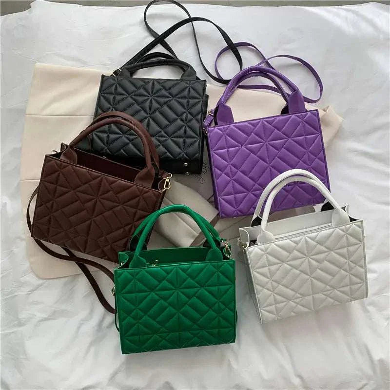 Fashion shoulder bags with diamond lattice design in multiple colors, featuring adjustable straps and zippered closure.