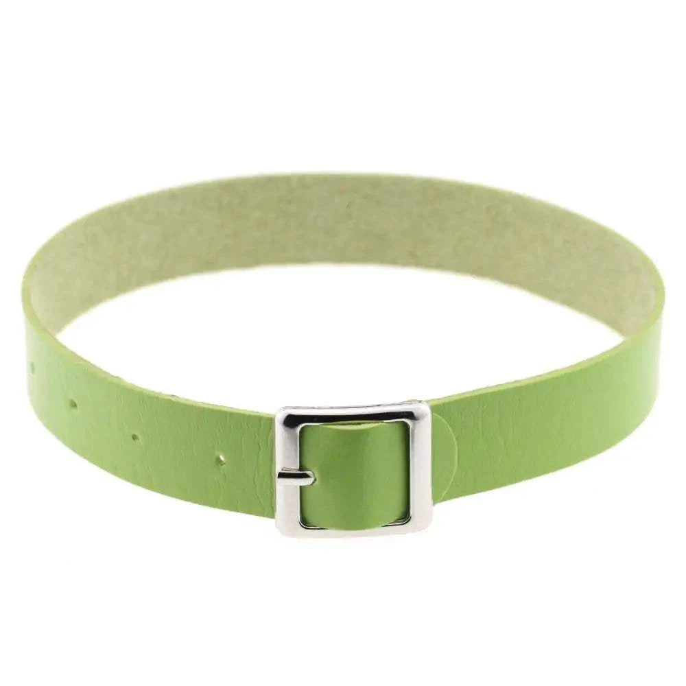 Green leather belt collar choker necklace with silver buckle.