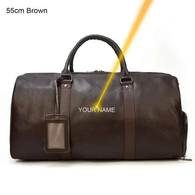 Brown genuine leather travel bag with customizable name tag, 55cm, elegant and durable design.