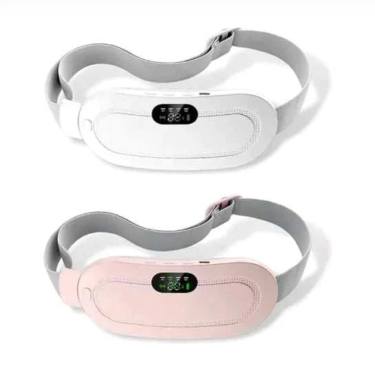 Abdominal Massage Belt in white and pink with adjustable straps and digital display.