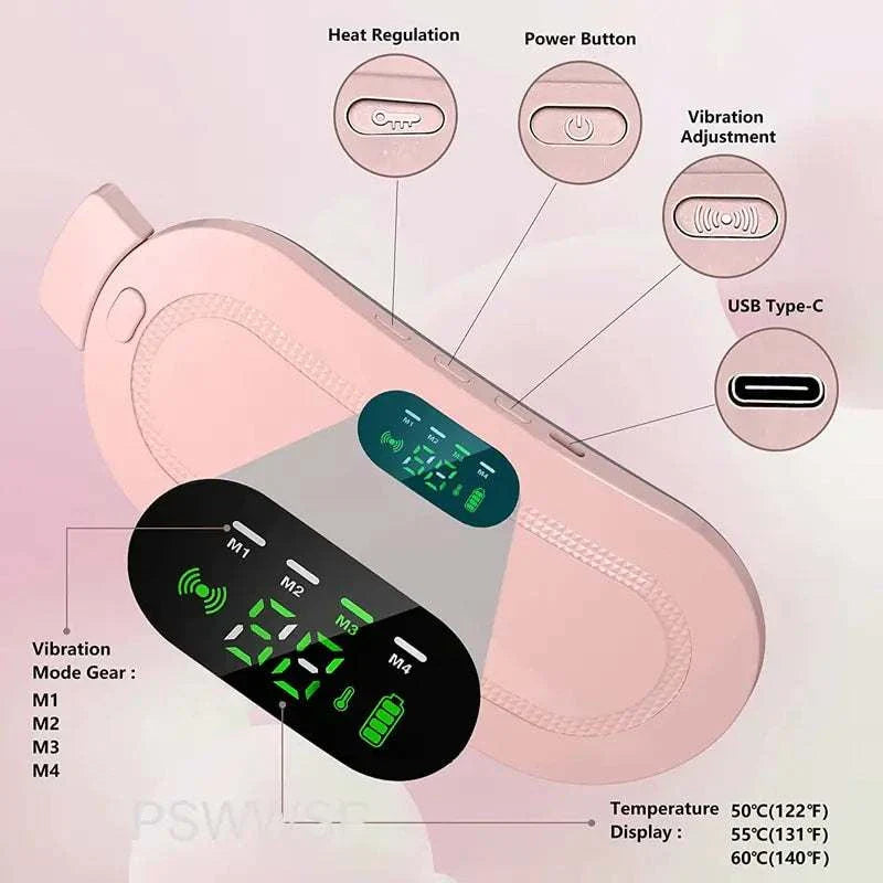 Menstrual Heating Waist Belt Relief with heat regulation, power button, USB Type-C, and vibration adjustment.