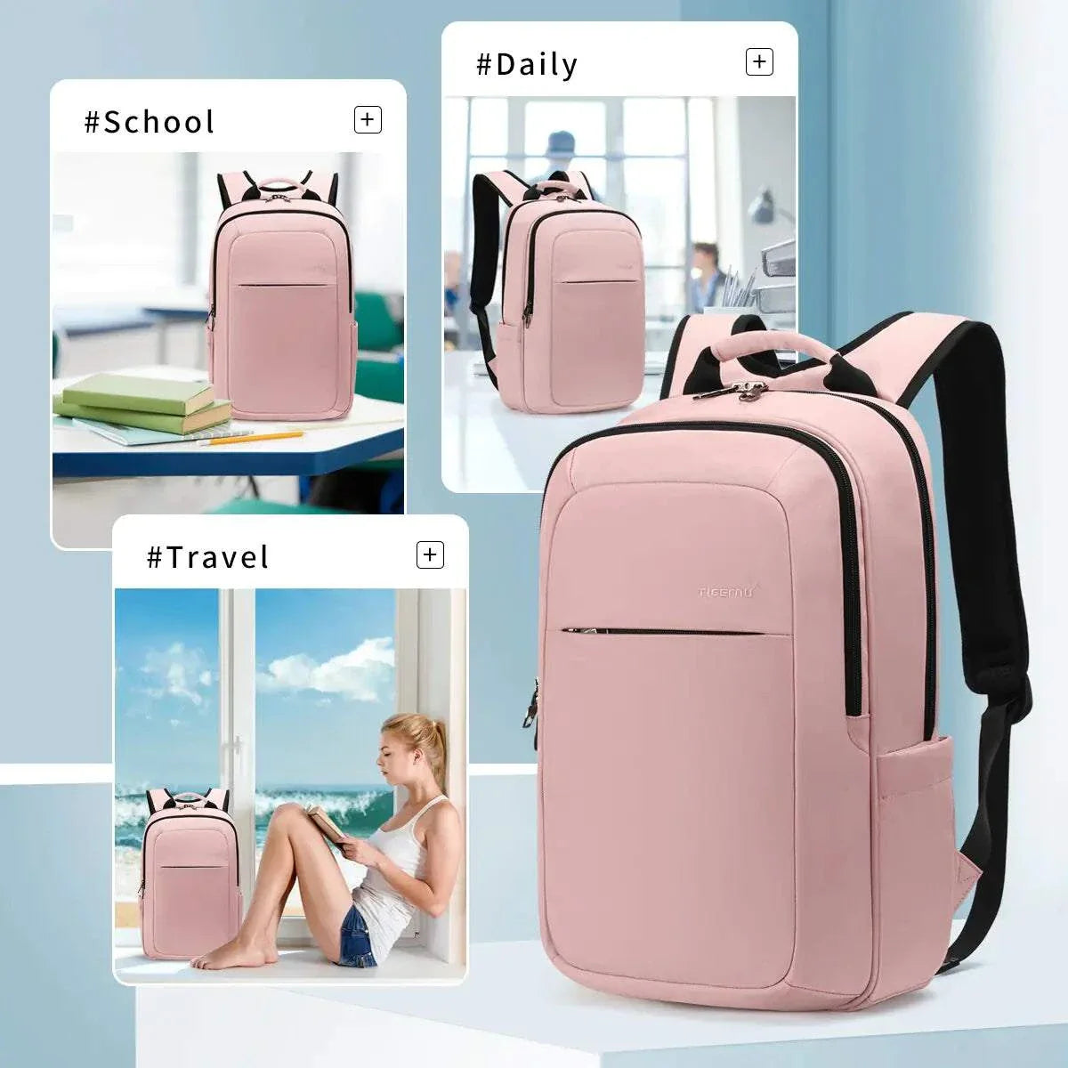 Pink laptop backpack with anti-theft features for school, travel, and daily use.