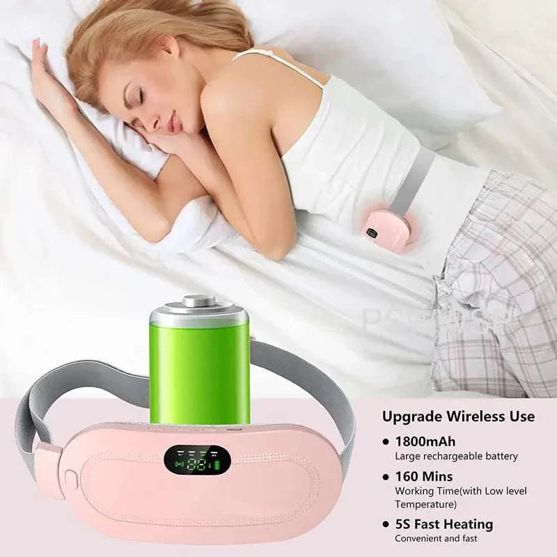 Menstrual Heating Waist Belt Relief with adjustable strap and lithium battery for pain relief and relaxation.