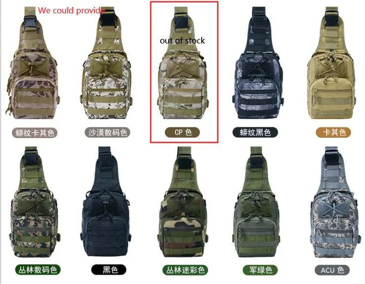 Military Tactical Shoulder Bag in various camo colors for outdoor activities.