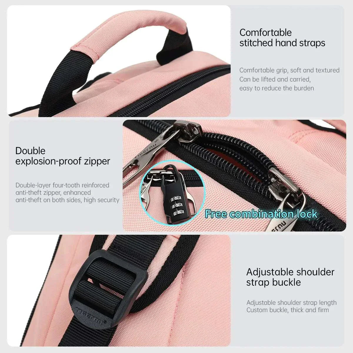 Laptop backpack anti-theft bag featuring comfortable hand straps, double explosion-proof zipper, free combination lock, and adjustable shoulder strap buckle.