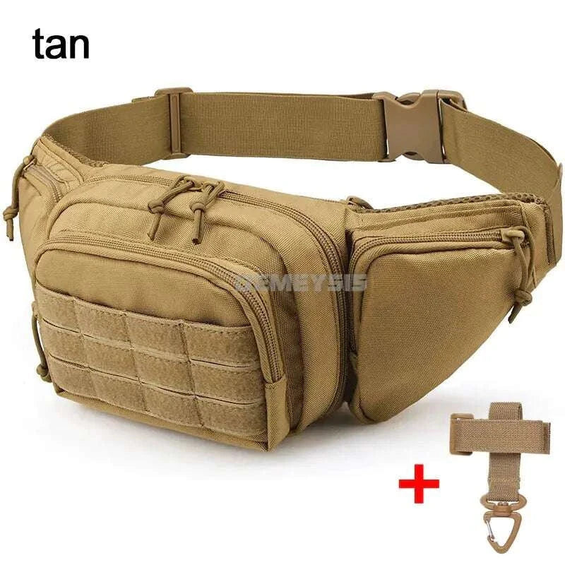 Tactical gun waist bag holster in tan with adjustable straps and multiple compartments for firearm and accessories.