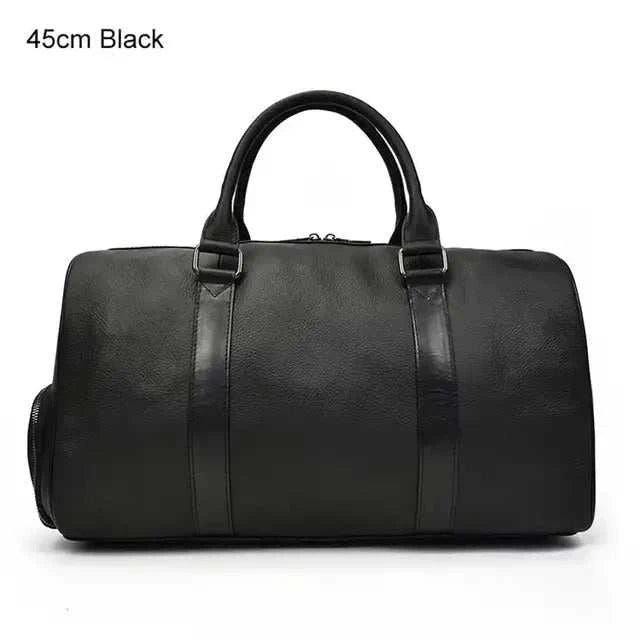 Black genuine leather travel bag with handles and strap, 45cm size, sleek design.