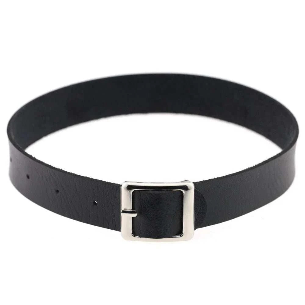 Belt collar choker necklace with black leather and silver buckle.