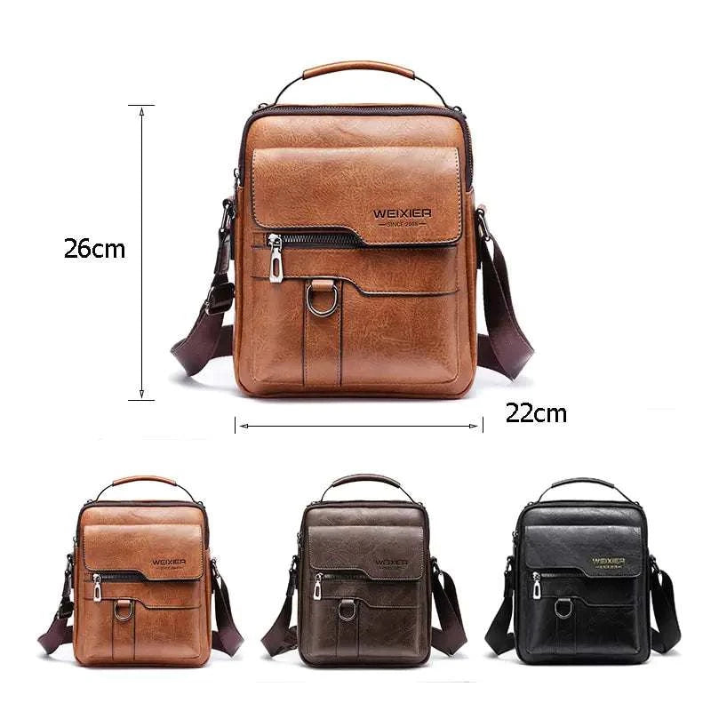 Men's crossbody bag in brown, black, and dark brown, featuring multiple compartments and adjustable strap; stylish and functional for daily use.