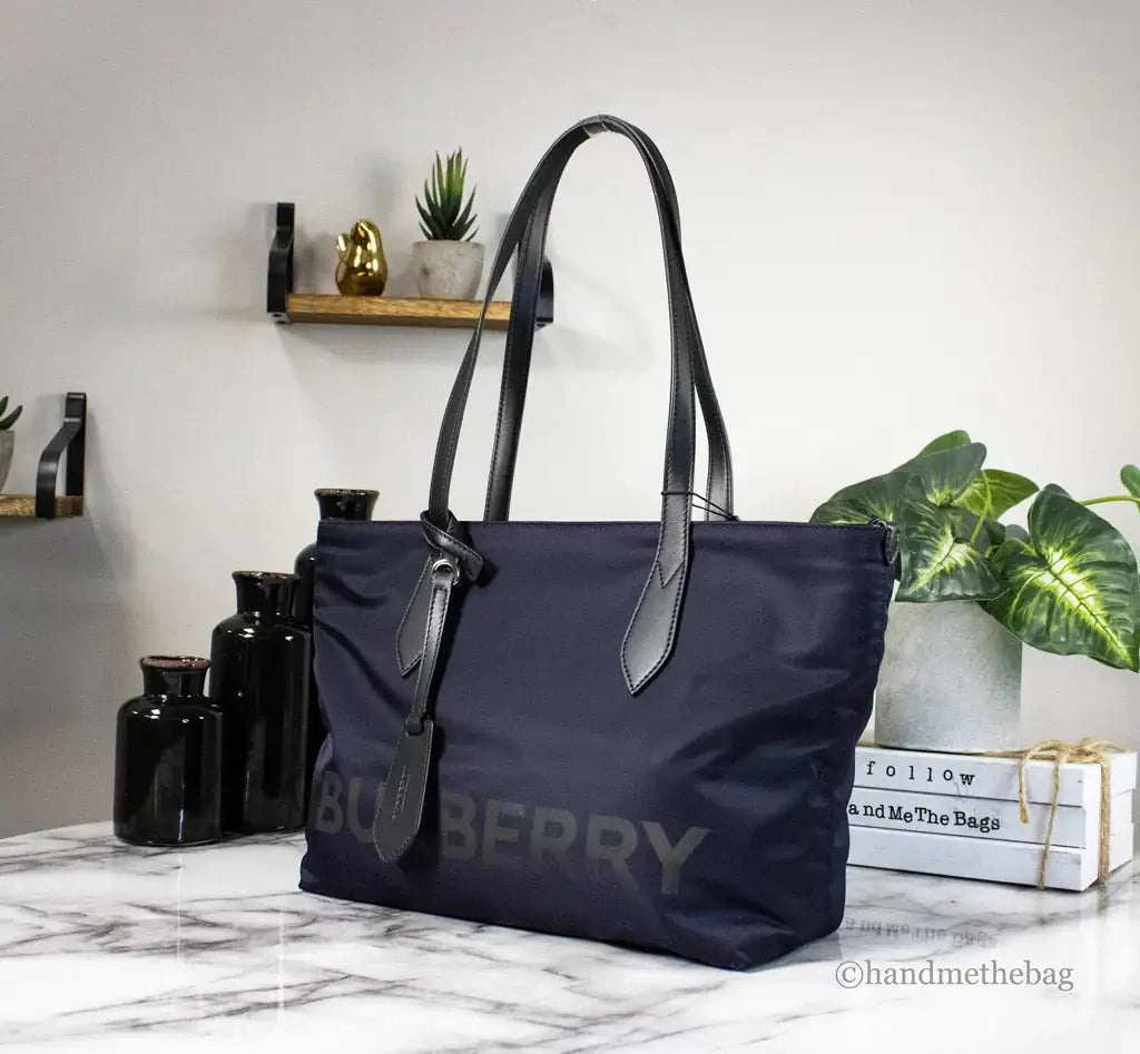 Burberry Small Navy Blue Branded Econyl Nylon Tote Bag