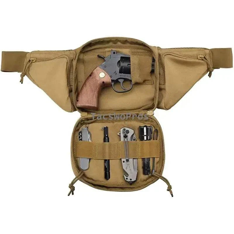 Tactical Gun Waist Bag Holster with storage compartments for firearm and accessories.