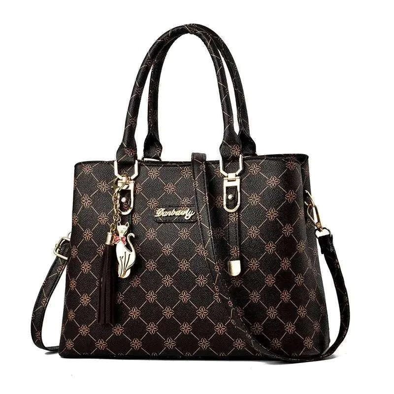 Stylish women's crossbody bag with elegant pattern and dual handles.