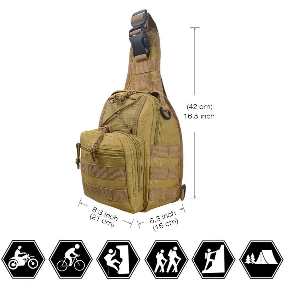 Military Tactical Shoulder Bag, lightweight nylon sling, versatile for outdoor activities, adjustable shoulder strap, multi-pocket design, khaki color.