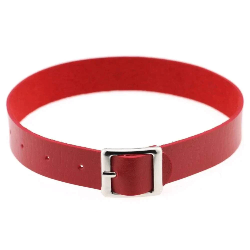 Red belt collar choker necklace with buckle design.