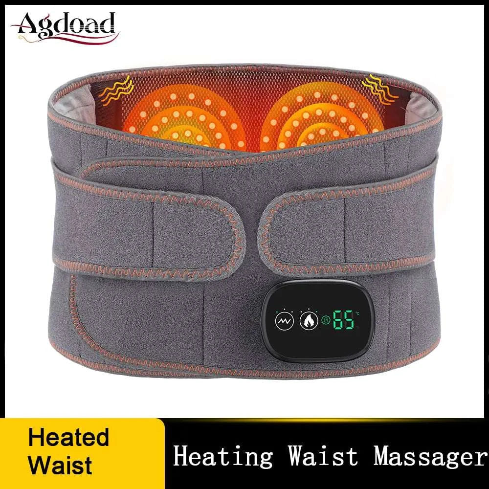 Electric heating massage belt with adjustable heat and vibration settings for pain relief and relaxation.