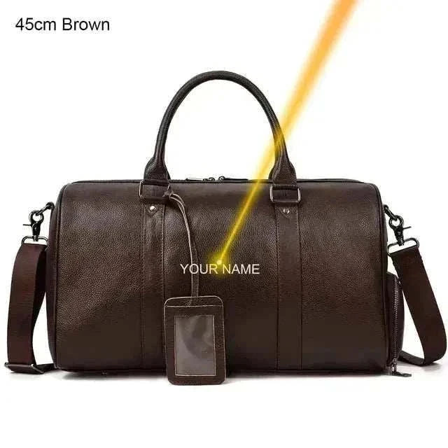 Brown genuine leather travel bag with handles and adjustable strap, featuring personalization option.