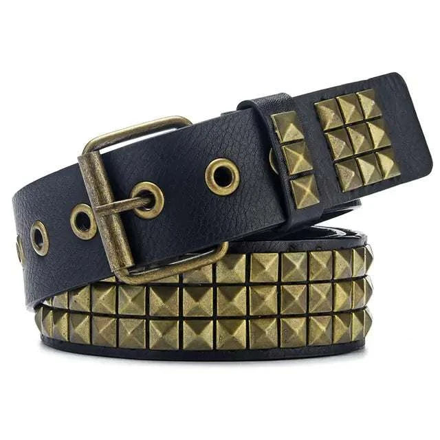 Star decoration wide belt with gold square studs and black leather.