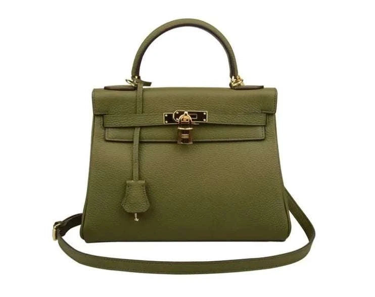 The Los Angeles Bag in green leather with a top handle and gold hardware.