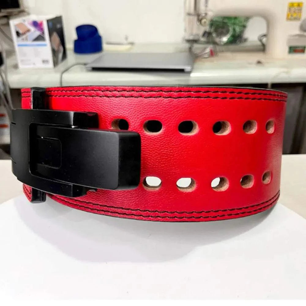 Red Support Training Belt for weightlifting and strength training, made of durable cowhide material.