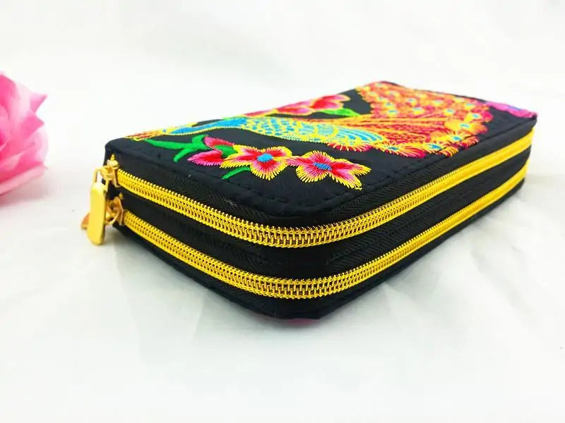 Embroidered Grass Green Peacock Wallet