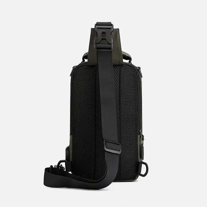 USB Charging Body Bag with built-in charging port and multiple compartments, black strap.