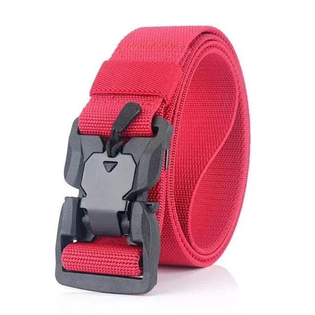 Red tactical quick release military belt with a sturdy buckle and adjustable nylon strap.