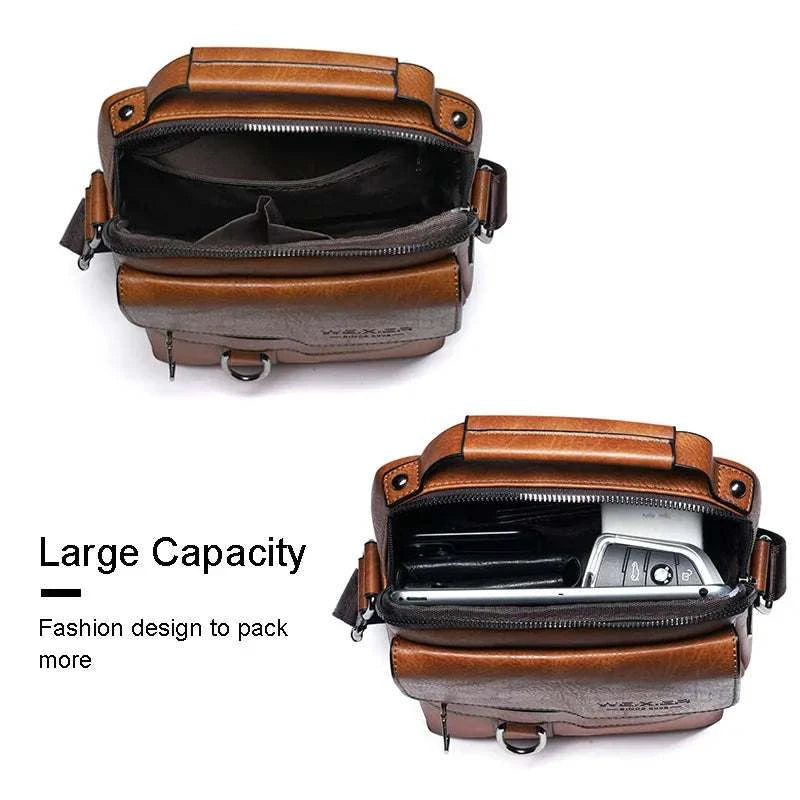 Men crossbody bag with large capacity and sleek design, featuring multiple compartments for organized storage.