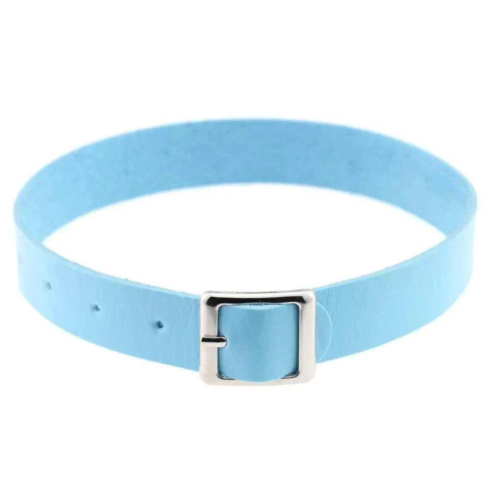 Blue belt collar choker necklace with buckle clasp.