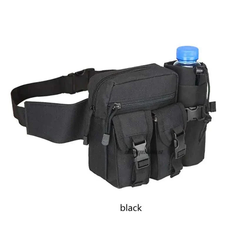 Tactical Gun Waist Bag Holster in black with multiple compartments and water bottle holder.