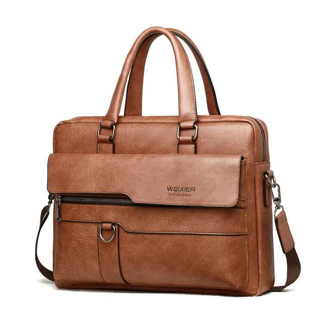 2024 Men Briefcase Bag in premium PU leather with shoulder strap, suitable for 14-inch laptop and documents, blending style and functionality.