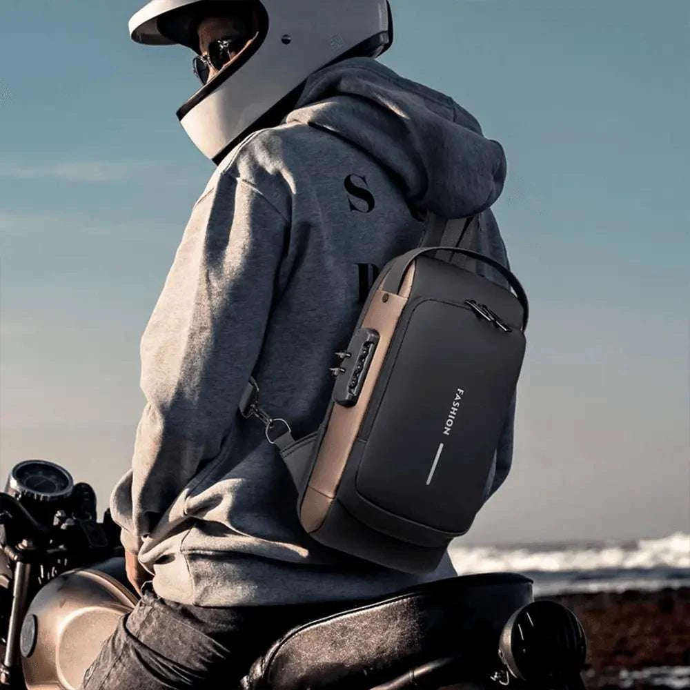 Shoulder bag with USB charging on motorcyclist