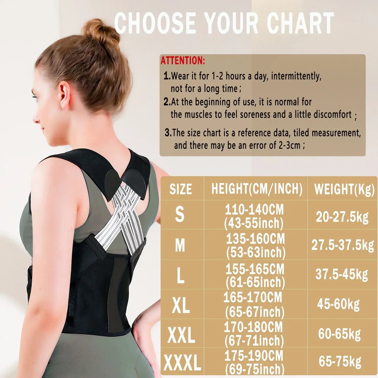 Posture Corrector Sport Belt size chart and usage instructions.